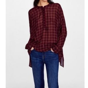 Zara Red & Black Plaid Button Up Swing Blouse